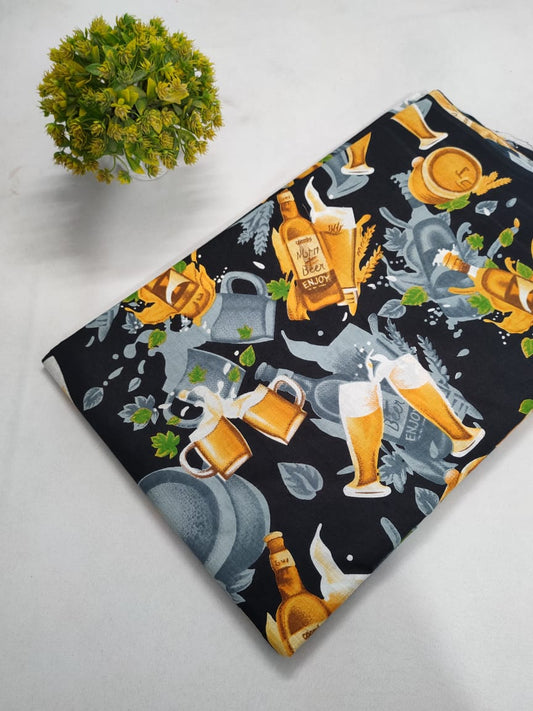 Black Beer Mug Screen Print Pure Cotton Fabric From Tulsi Prints