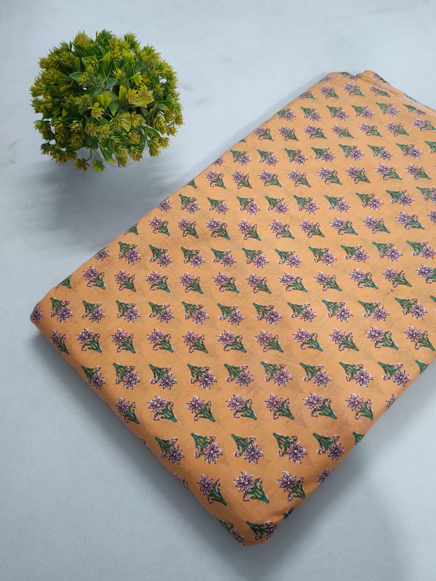 Orange Floral Screen Print Pure Cotton Fabric From Tulsi Prints
