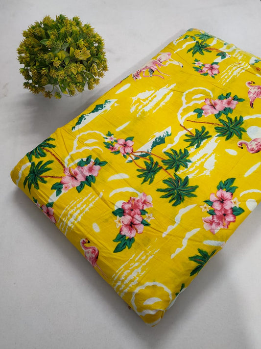 Yellow Tropical Floral Screen Print Pure Cotton Fabric From Tulsi Prints