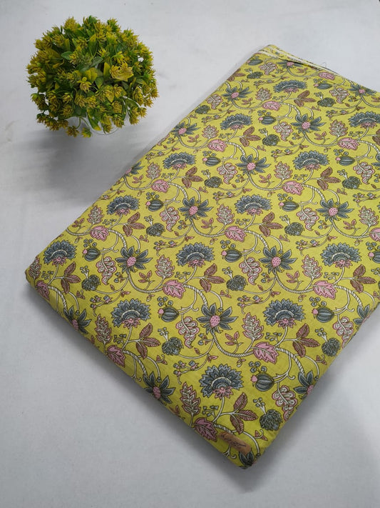 Yellow Floral Screen Print Pure Cotton Fabric From Tulsi Prints