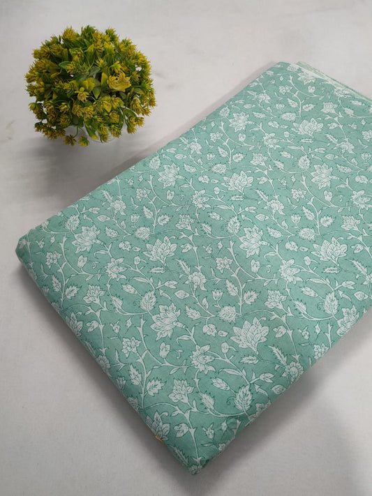 Mint Green Floral Screen Print Pure Cotton Fabric From Tulsi Prints