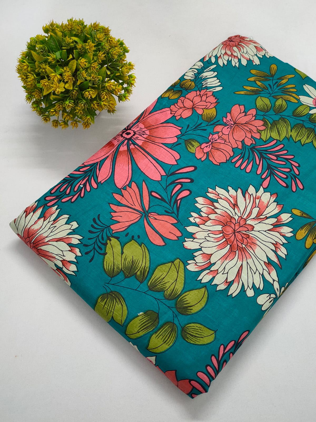 Turquoise Floral Screen Print Pure Cotton Fabric From Tulsi Prints