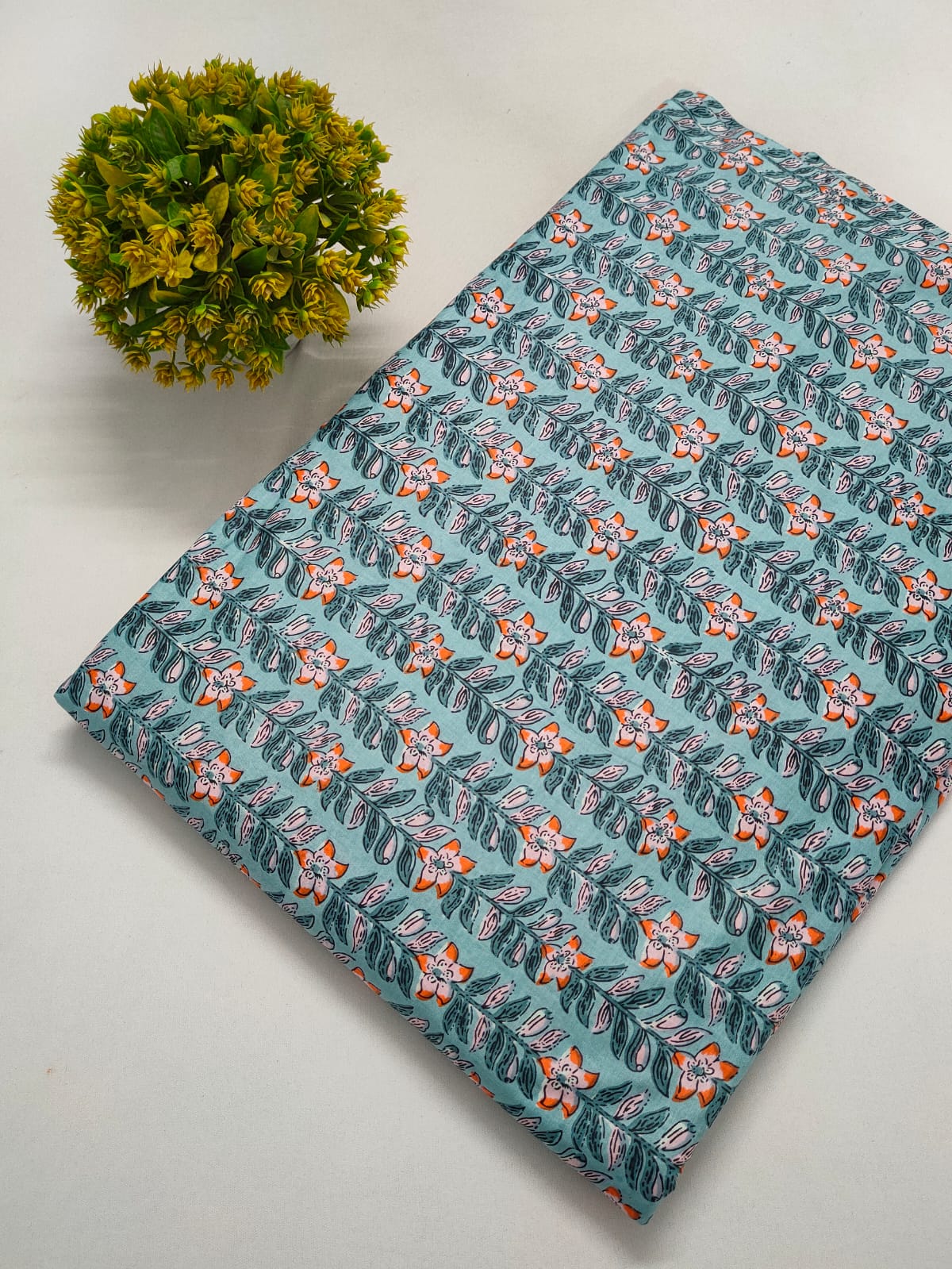 Turquoise Floral Screen Print Pure Cotton Fabric From Tulsi Prints