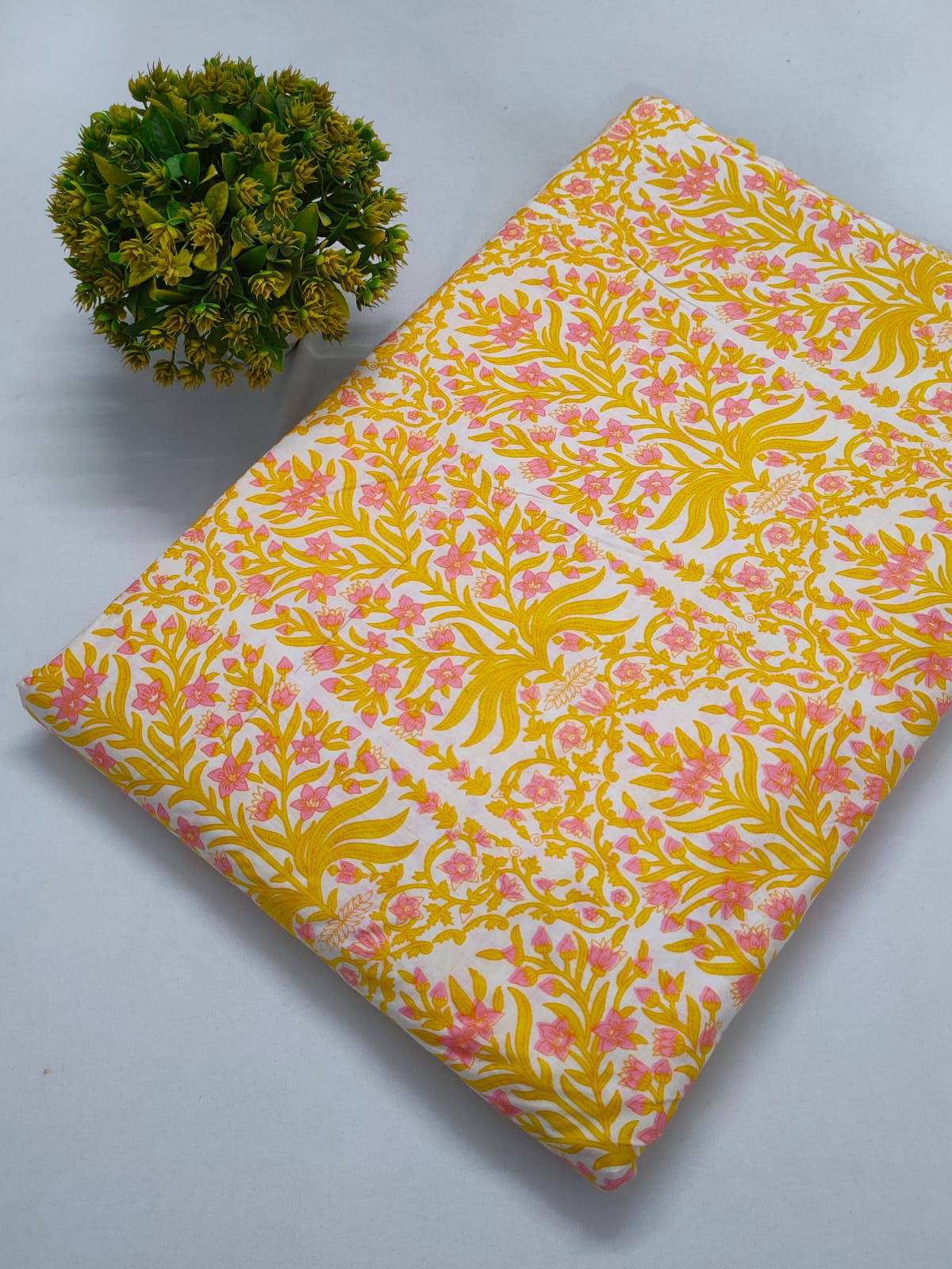 Yellow Pink Floral Screen Print Pure Cotton Fabric From Tulsi Prints