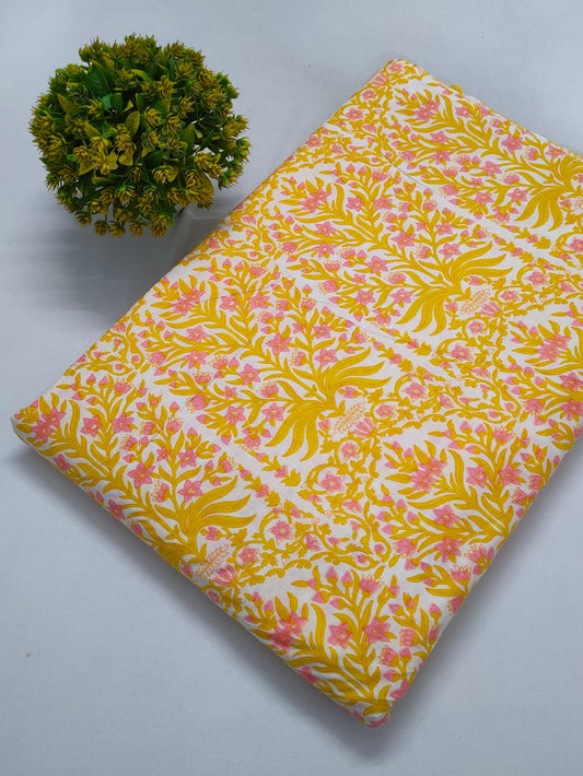 Yellow Pink Floral Screen Print Pure Cotton Fabric From Tulsi Prints