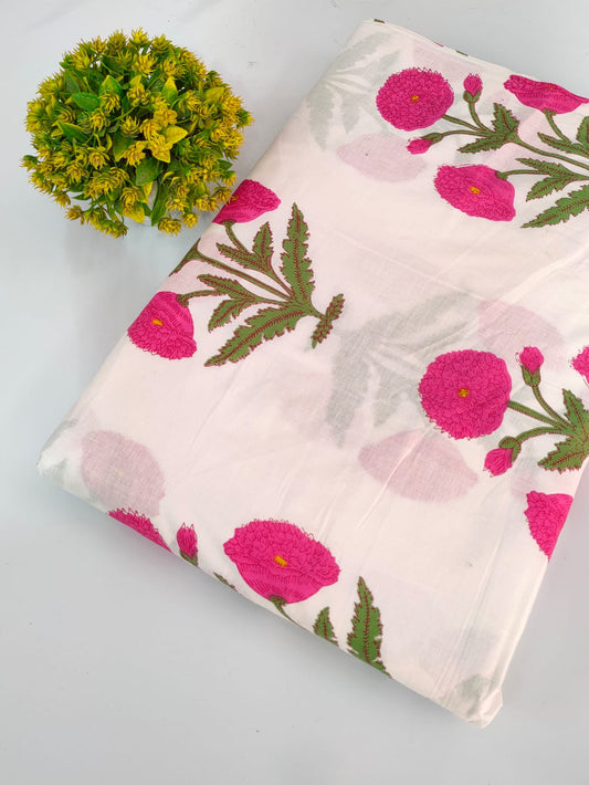 White Floral Screen Print Pure Cotton Fabric