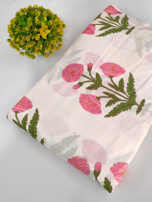 White Floral Screen Print Pure Cotton Fabric