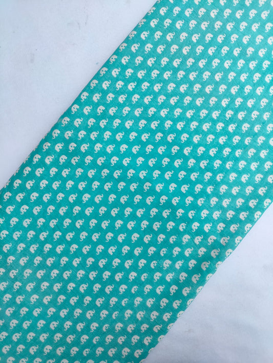 Teal Elephant Motif Screen Print Pure Cotton Fabric From Tulsi Prints