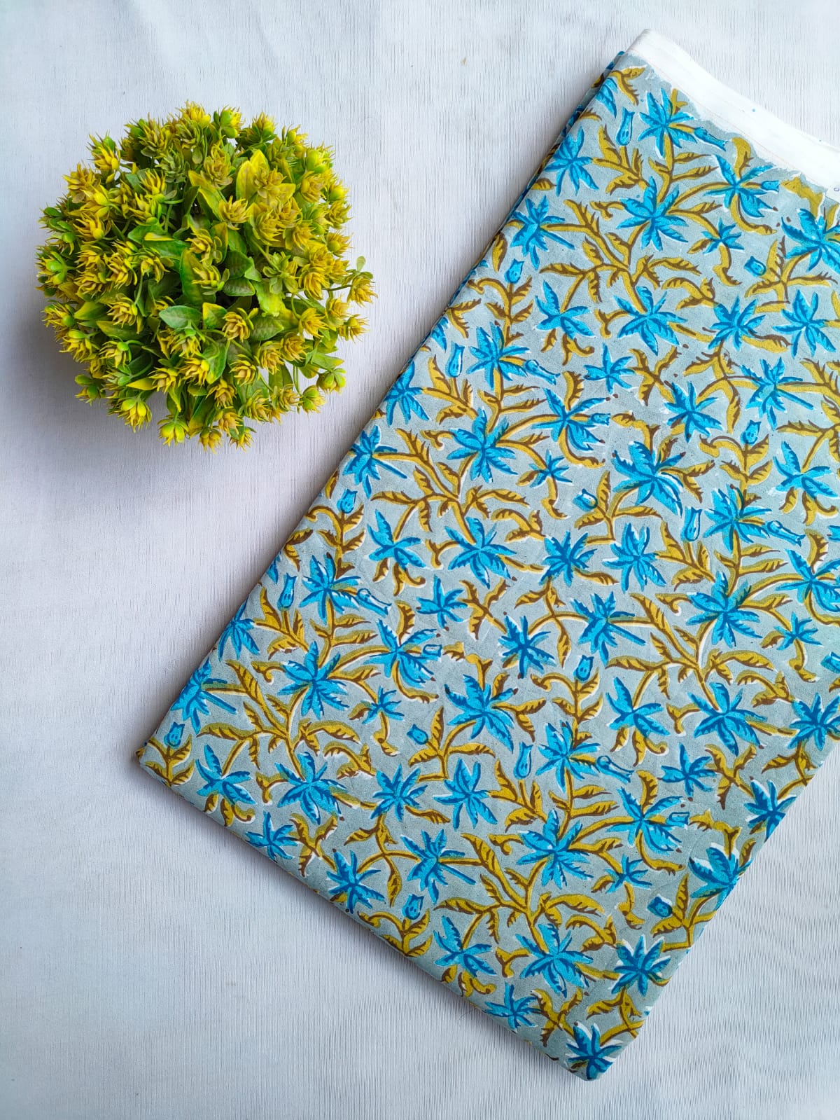 Sky Blue Floral Sanganeri Hand Block Print Cotton Fabric From Tulsi Prints