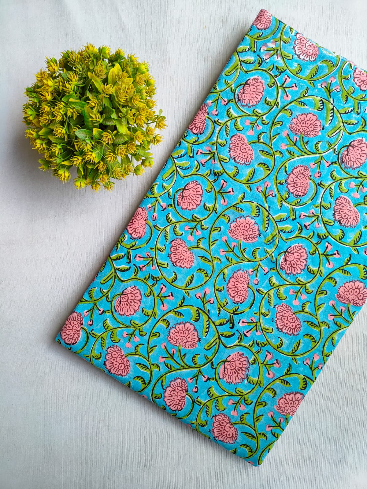 Blue Floral Sanganeri Hand Block Print Cotton Fabric From Tulsi Prints