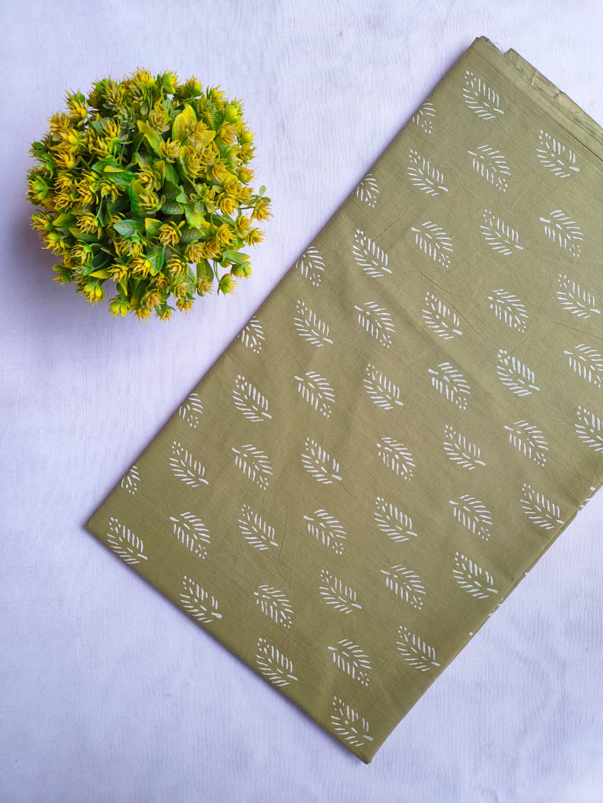 Olive Green Leaf Print Sanganeri Block Print Cotton Fabric From Tulsi Prints