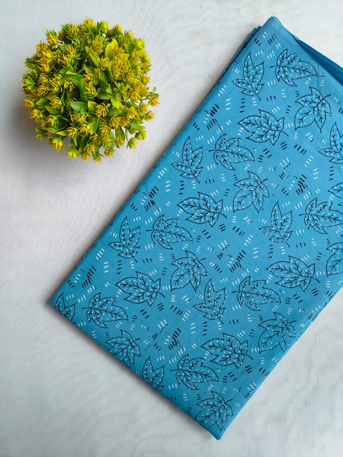 Blue Leaf Sanganeri Hand Block Print Cotton Fabric From Tulsi Prints
