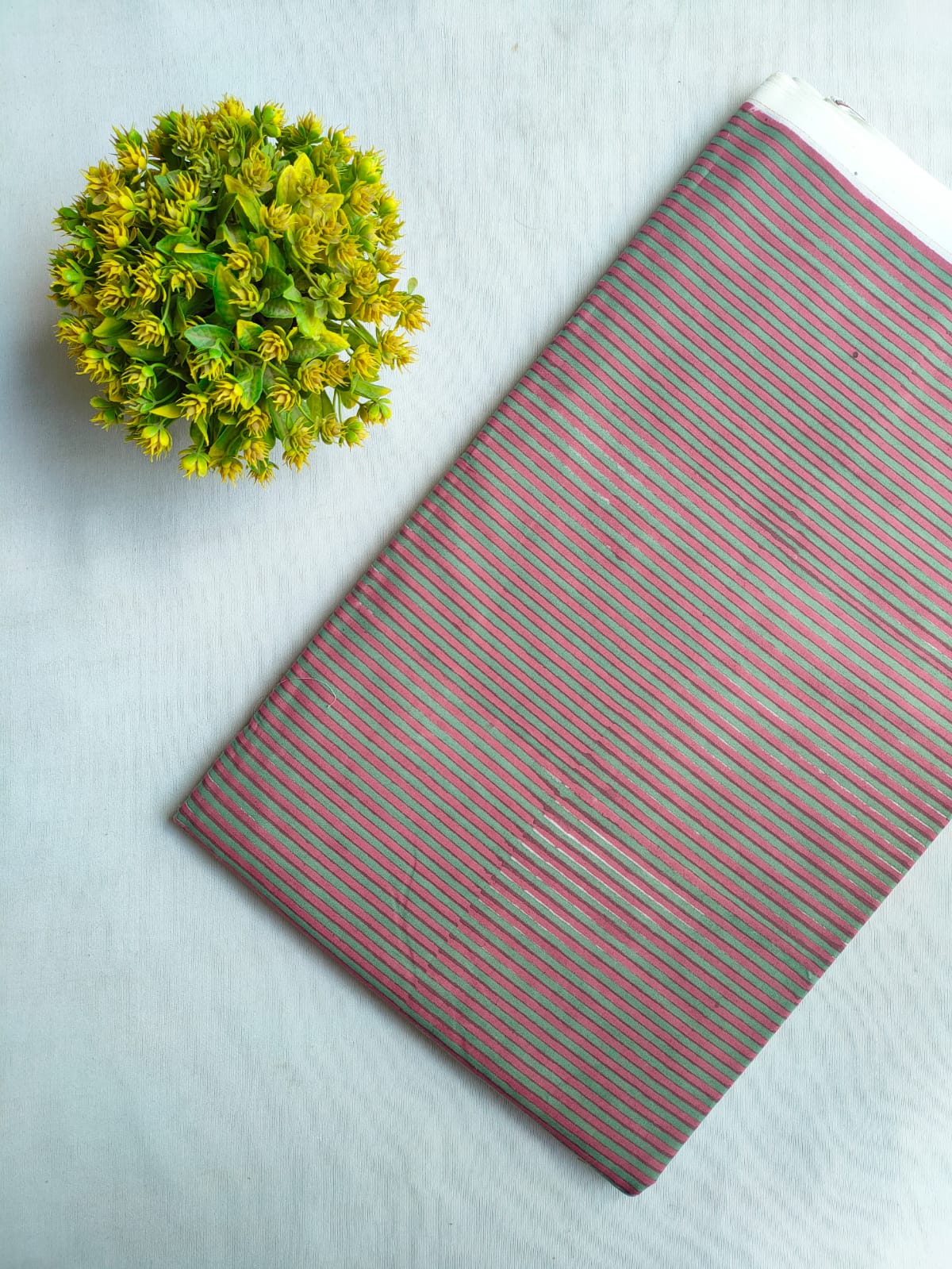 Pink and Green Stripe Sanganeri Block Print Pure Cotton Fabric From Tulsi Prints