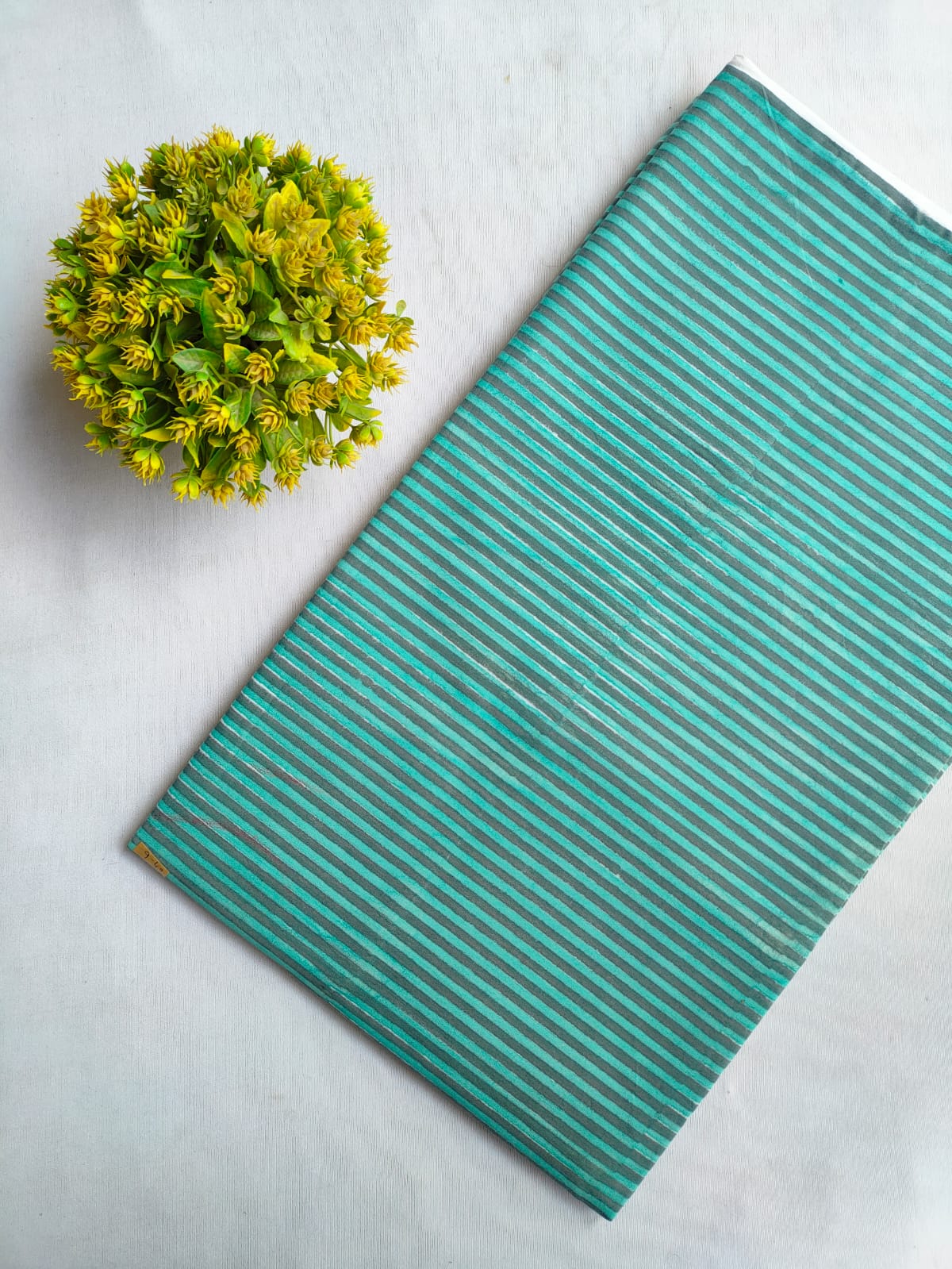 Teal Striped Jaipuri Block Print Cotton Fabric From Tulsi Prints