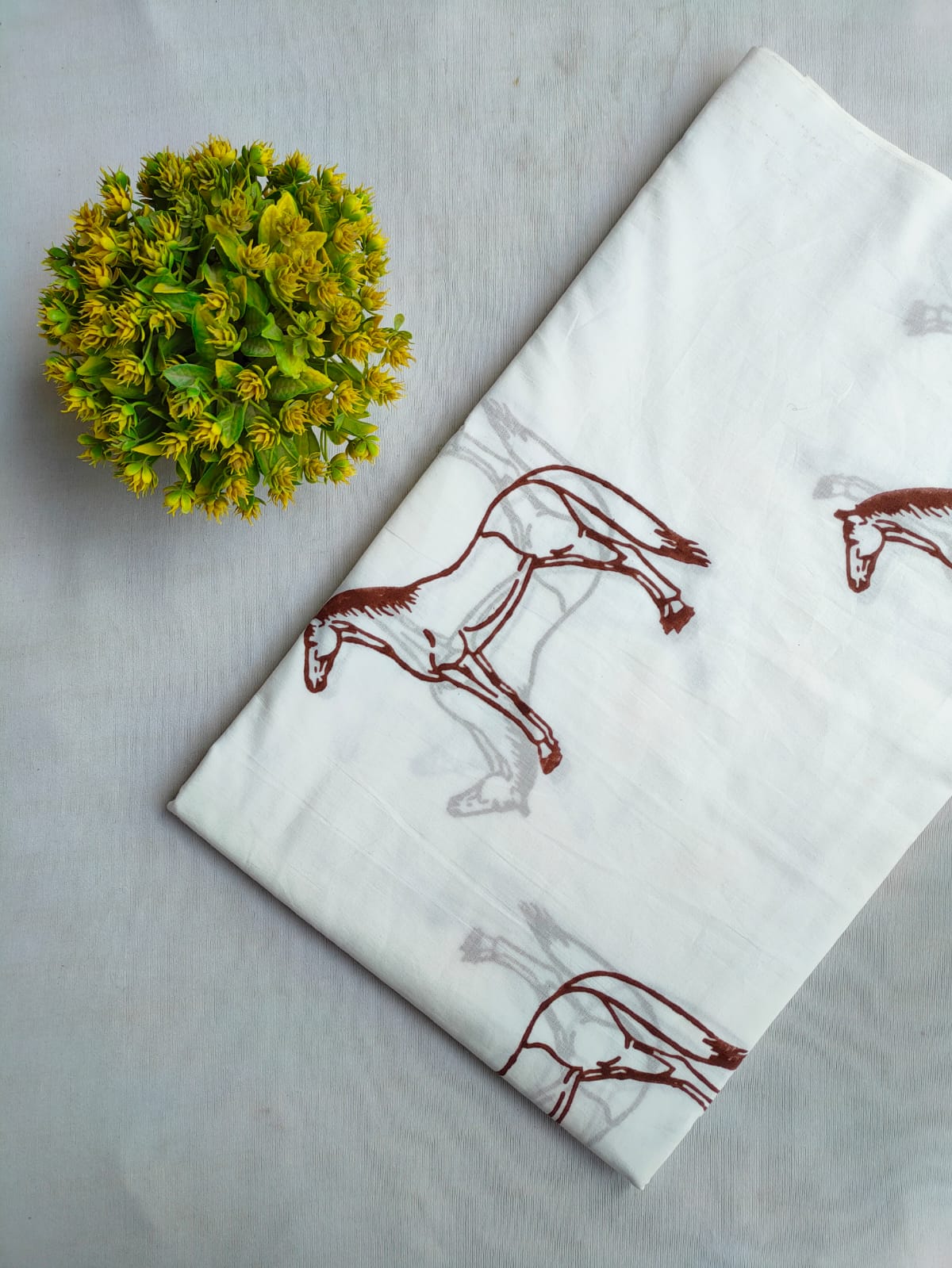 White Horse Sanganeri Block Print Pure Cotton Fabric From Tulsi Prints