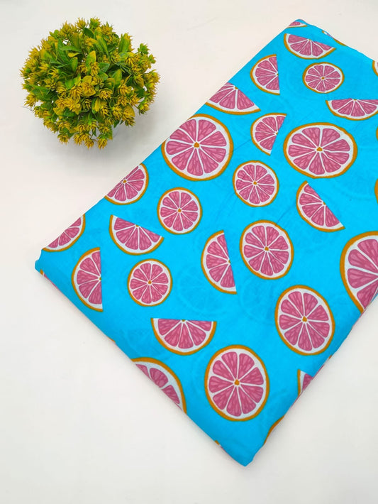 Turquoise Lemon Slice Screen Print Pure Cotton Fabric From Tulsi Prints
