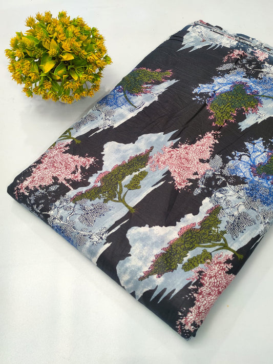 Black Floral Screen Print Pure Cotton Fabric From Tulsi Prints