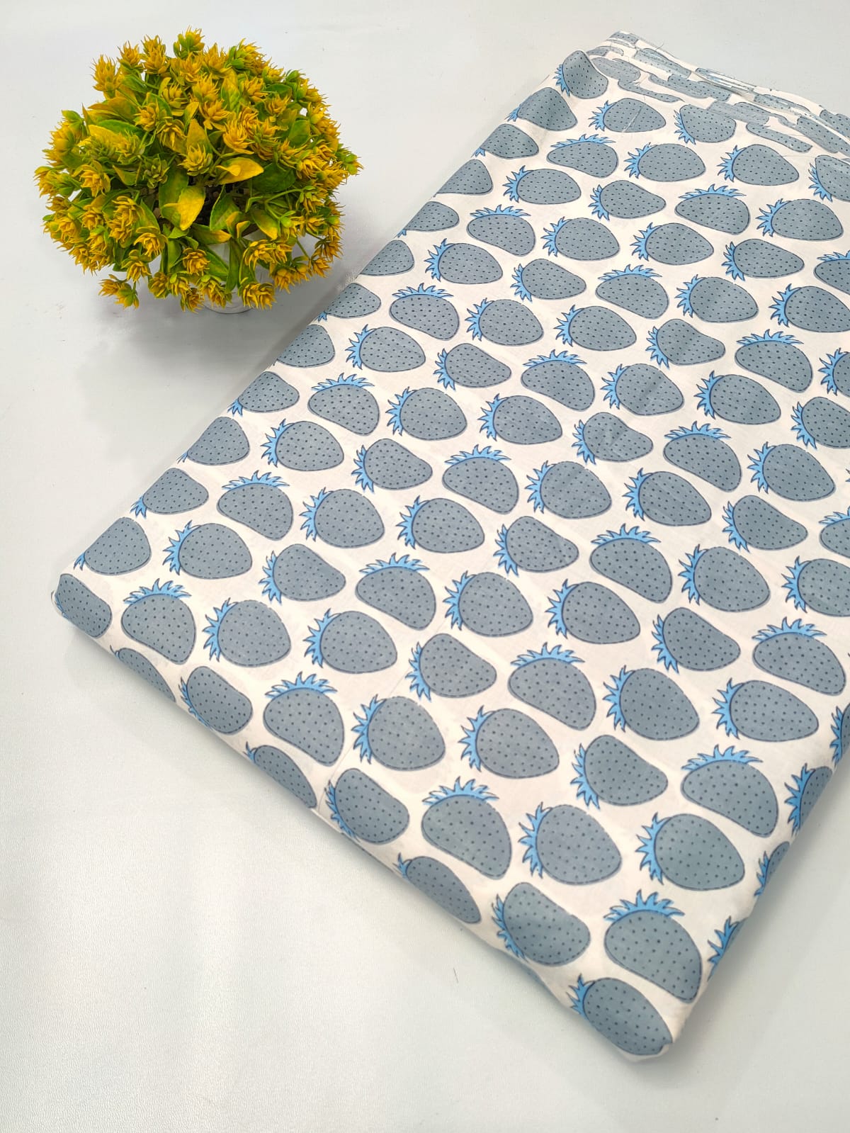 Blue Strawberry Screen Print Pure Cotton Fabric From Tulsi Prints