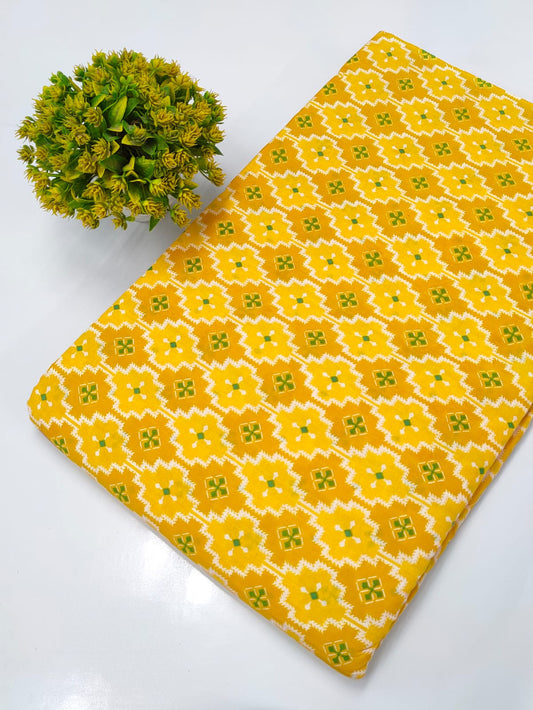 Yellow Geometric Ikat Screen Print Pure Cotton Fabric From Tulsi Prints