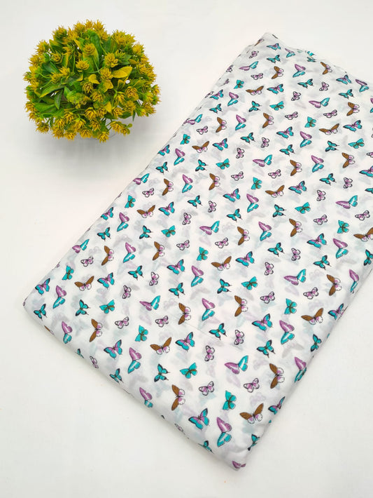 White Butterfly Screen Print Pure Cotton Fabric From Tulsi Prints