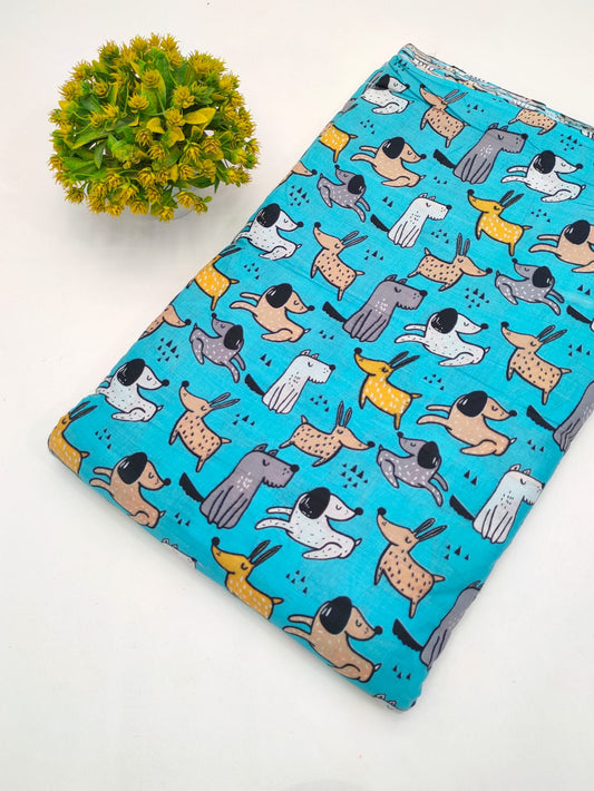 Turquoise Dog Motif Screen Print Pure Cotton Fabric From Tulsi Prints