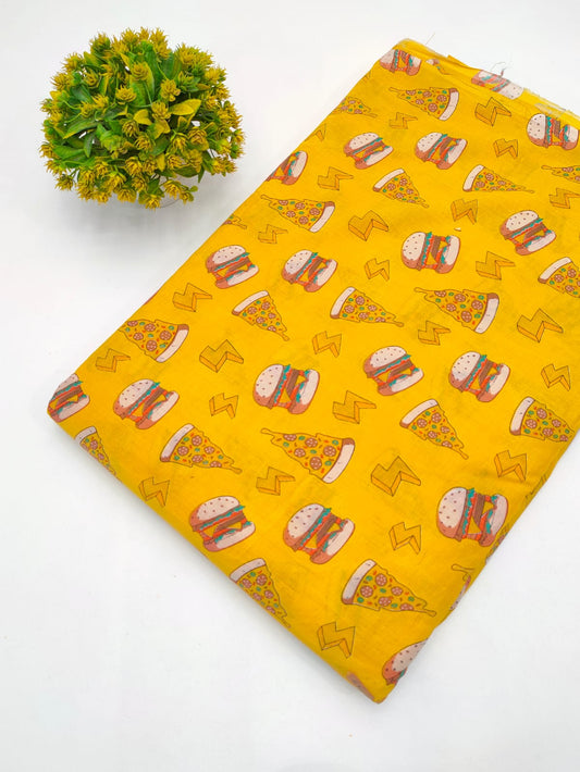 Yellow Food Motif Screen Print Pure Cotton Fabric From Tulsi Prints