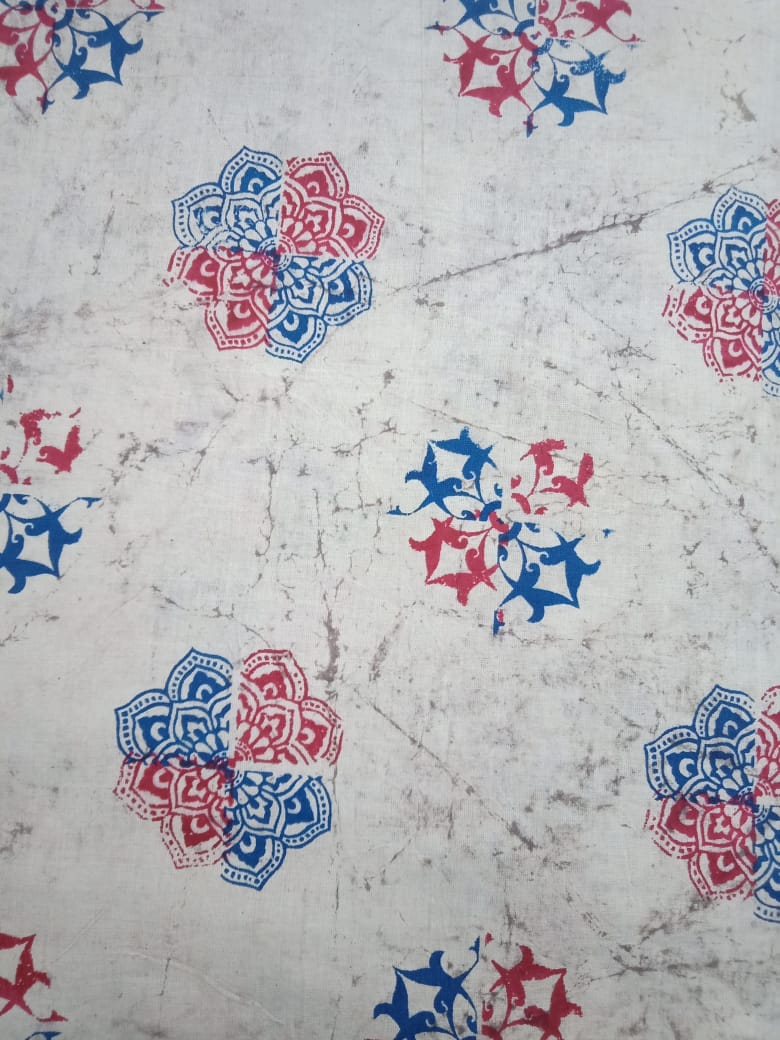 Beige Marble Print Red & Blue Damask Patterns Hand Block Pure Cotton Fabric - JBR89