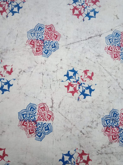 Beige Marble Print Red & Blue Damask Patterns Hand Block Pure Cotton Fabric - JBR89