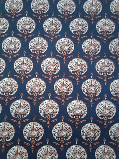 Navy Blue Small Floral Buti Hand Block Printed Pure Cotton Fabric - JBR93