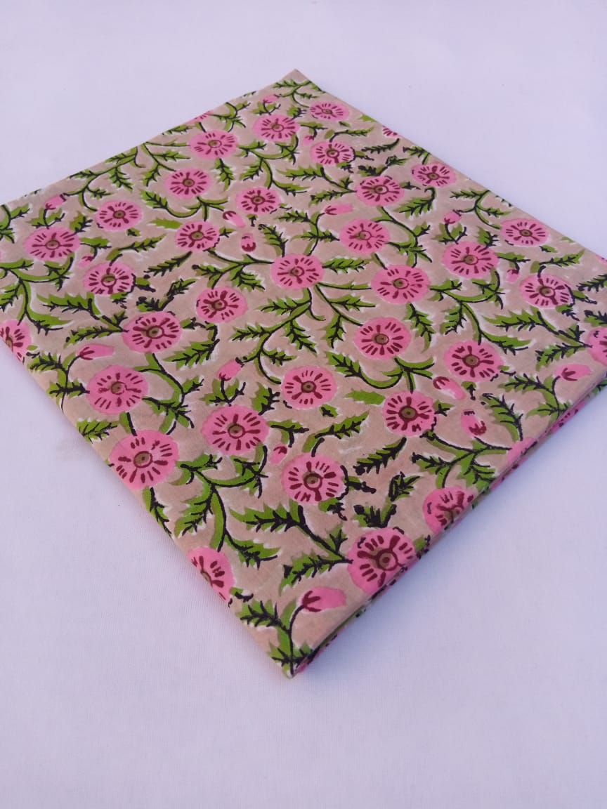 Beige with Pink Florals Pure Cotton Hand Block Printed Fabric - JBR83