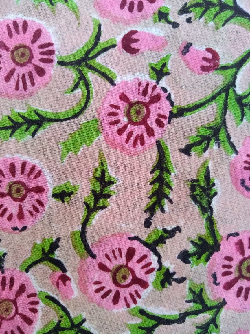 Beige with Pink Florals Pure Cotton Hand Block Printed Fabric - JBR83