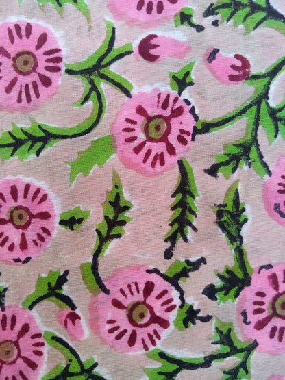 Beige with Pink Florals Pure Cotton Hand Block Printed Fabric - JBR83