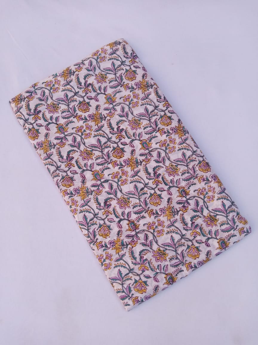 White Base Multi Colored Kalamkari Hand Block Printed Pure Cotton Fabric - JBR81