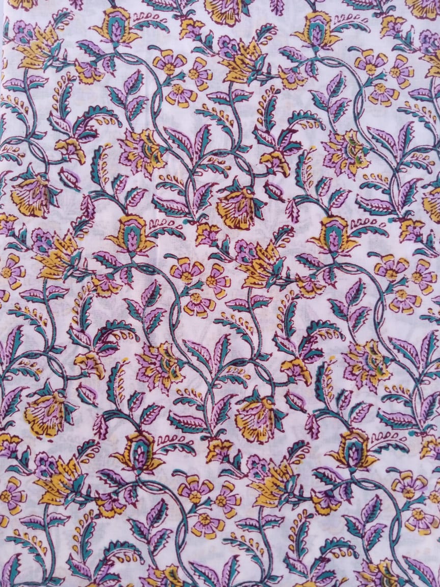 White Base Multi Colored Kalamkari Hand Block Printed Pure Cotton Fabric - JBR81