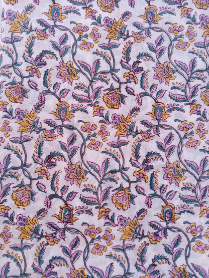 White Base Multi Colored Kalamkari Hand Block Printed Pure Cotton Fabric - JBR81