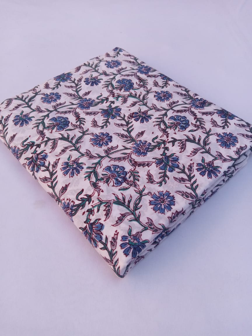 White Base Gray & Blue Kalamkari Print Hand Block Pure Cotton Fabric - JBR82