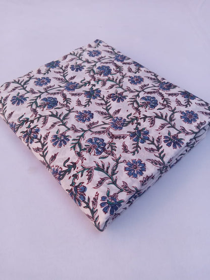 White Base Gray & Blue Kalamkari Print Hand Block Pure Cotton Fabric - JBR82
