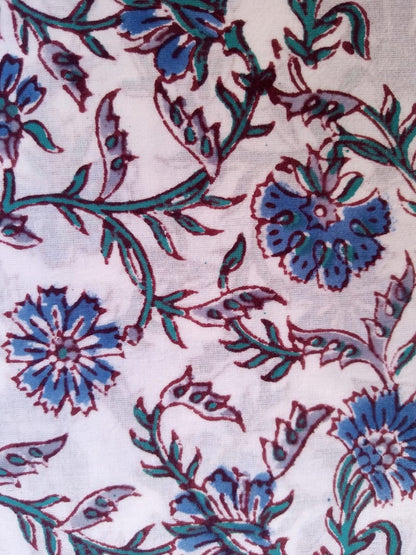 White Base Gray & Blue Kalamkari Print Hand Block Pure Cotton Fabric - JBR82