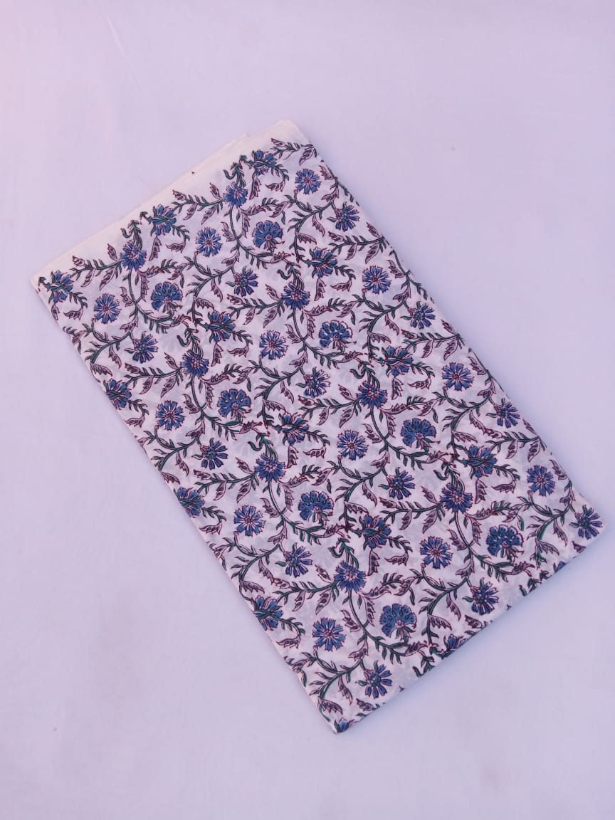 White Base Gray & Blue Kalamkari Print Hand Block Pure Cotton Fabric - JBR82