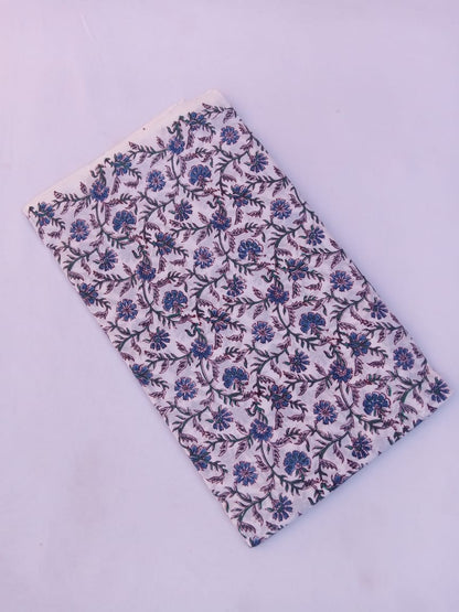 White Base Gray & Blue Kalamkari Print Hand Block Pure Cotton Fabric - JBR82