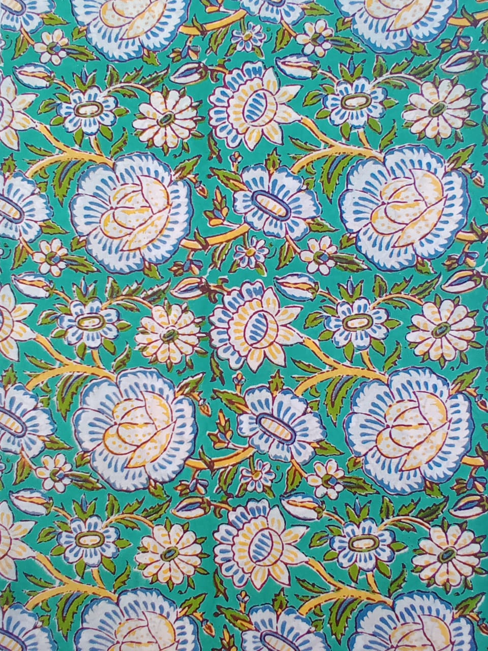 Sea Green with Multi Colors Floral Pattern Pure Cotton Hand Block Printed Fabric - JBR80