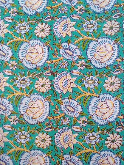 Sea Green with Multi Colors Floral Pattern Pure Cotton Hand Block Printed Fabric - JBR80