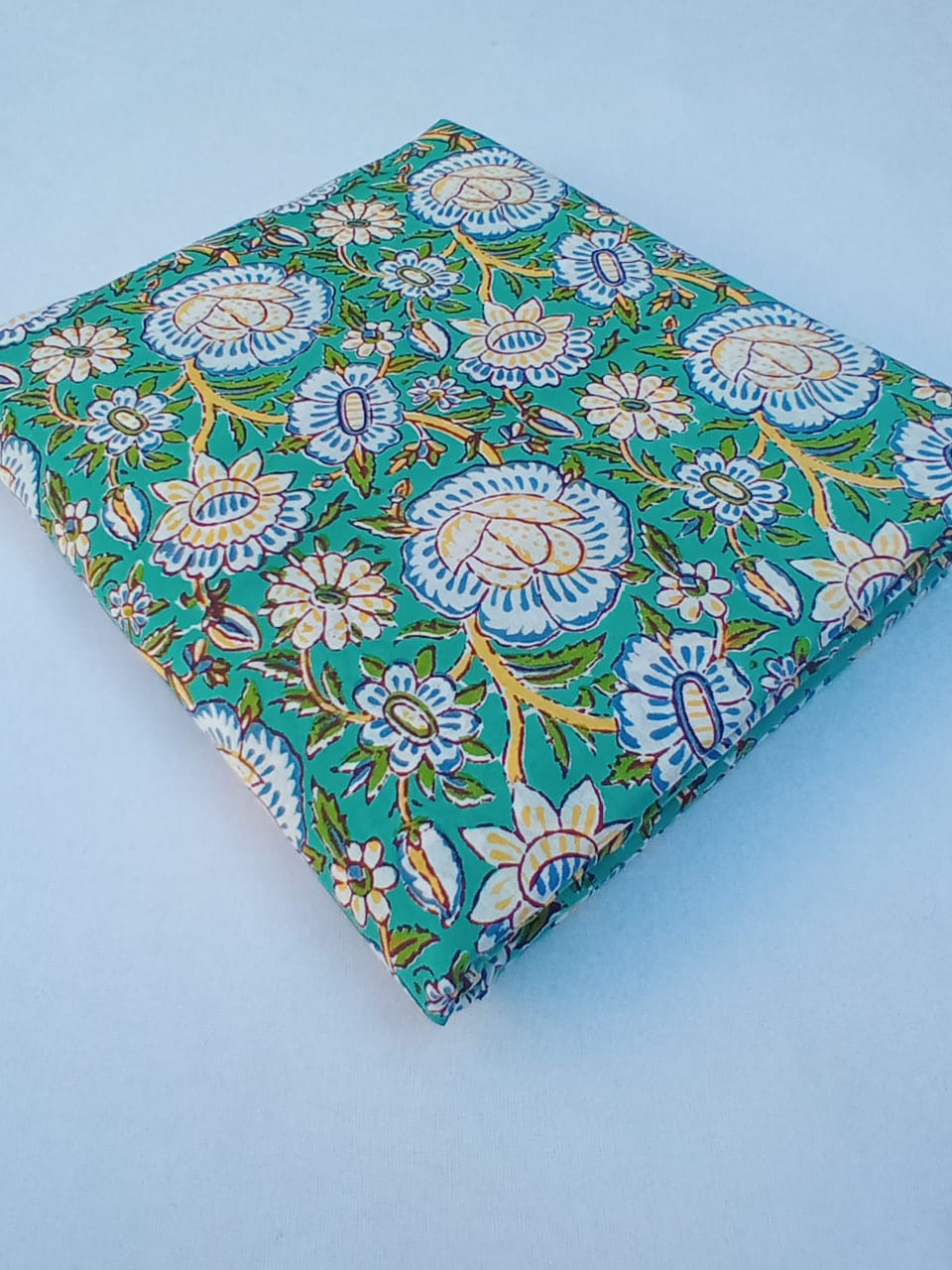 Sea Green with Multi Colors Floral Pattern Pure Cotton Hand Block Printed Fabric - JBR80