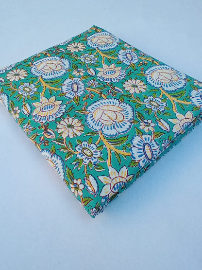 Sea Green with Multi Colors Floral Pattern Pure Cotton Hand Block Printed Fabric - JBR80