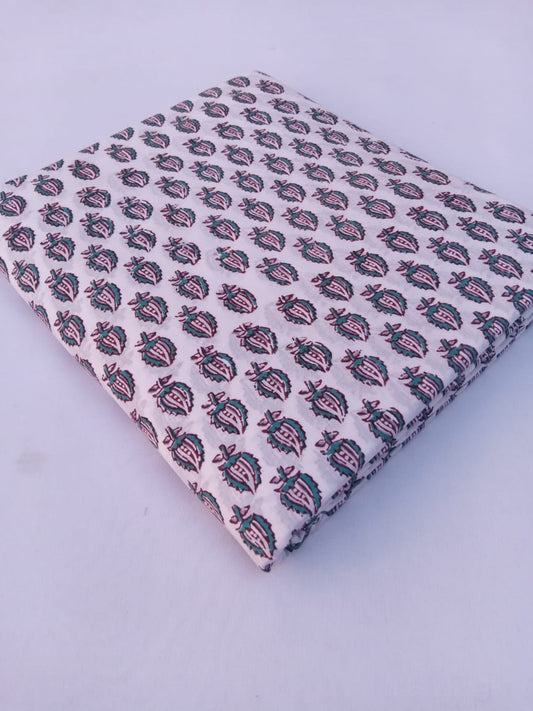 White Base Gray &amp; Sea Green Small Leaves Buti Hand Block Printed Pure Cotton Fabric - JBR77