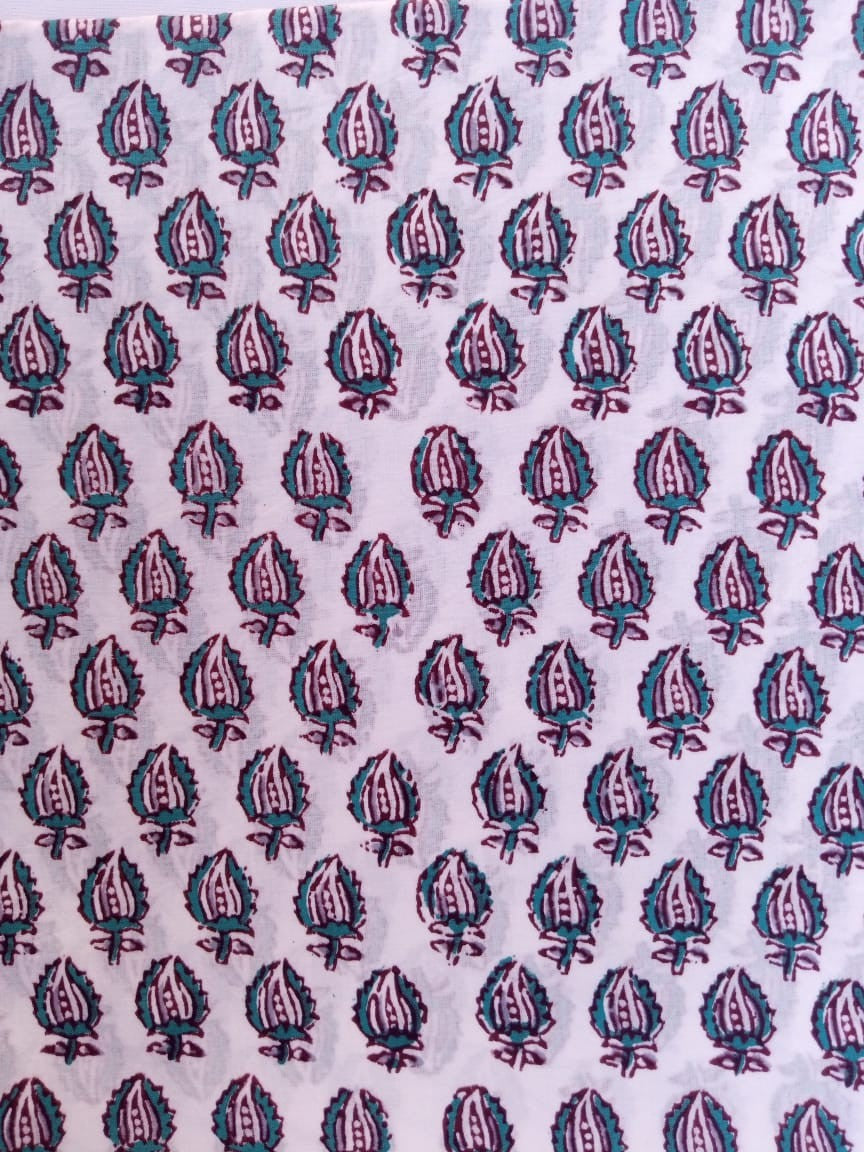 White Base Gray &amp; Sea Green Small Leaves Buti Hand Block Printed Pure Cotton Fabric - JBR77
