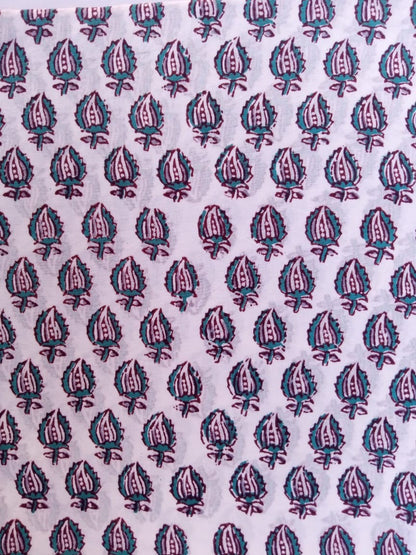 White Base Gray &amp; Sea Green Small Leaves Buti Hand Block Printed Pure Cotton Fabric - JBR77