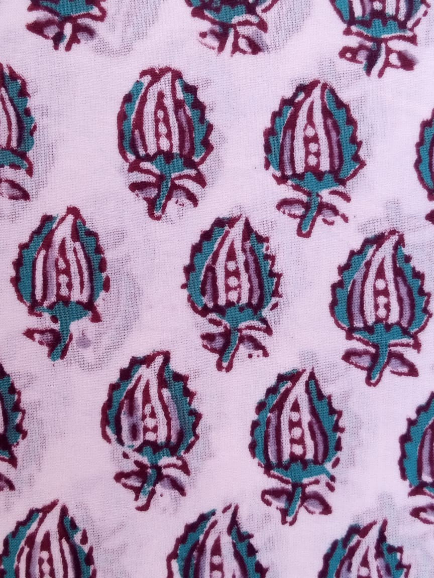 White Base Gray &amp; Sea Green Small Leaves Buti Hand Block Printed Pure Cotton Fabric - JBR77