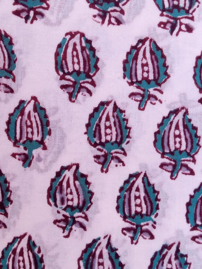 White Base Gray &amp; Sea Green Small Leaves Buti Hand Block Printed Pure Cotton Fabric - JBR77
