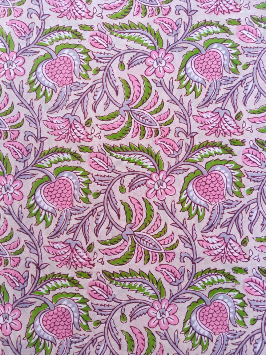 Beige Multi-Colored Floral Pattern Hand Block Printed Pure Cotton Fabric - JBR78